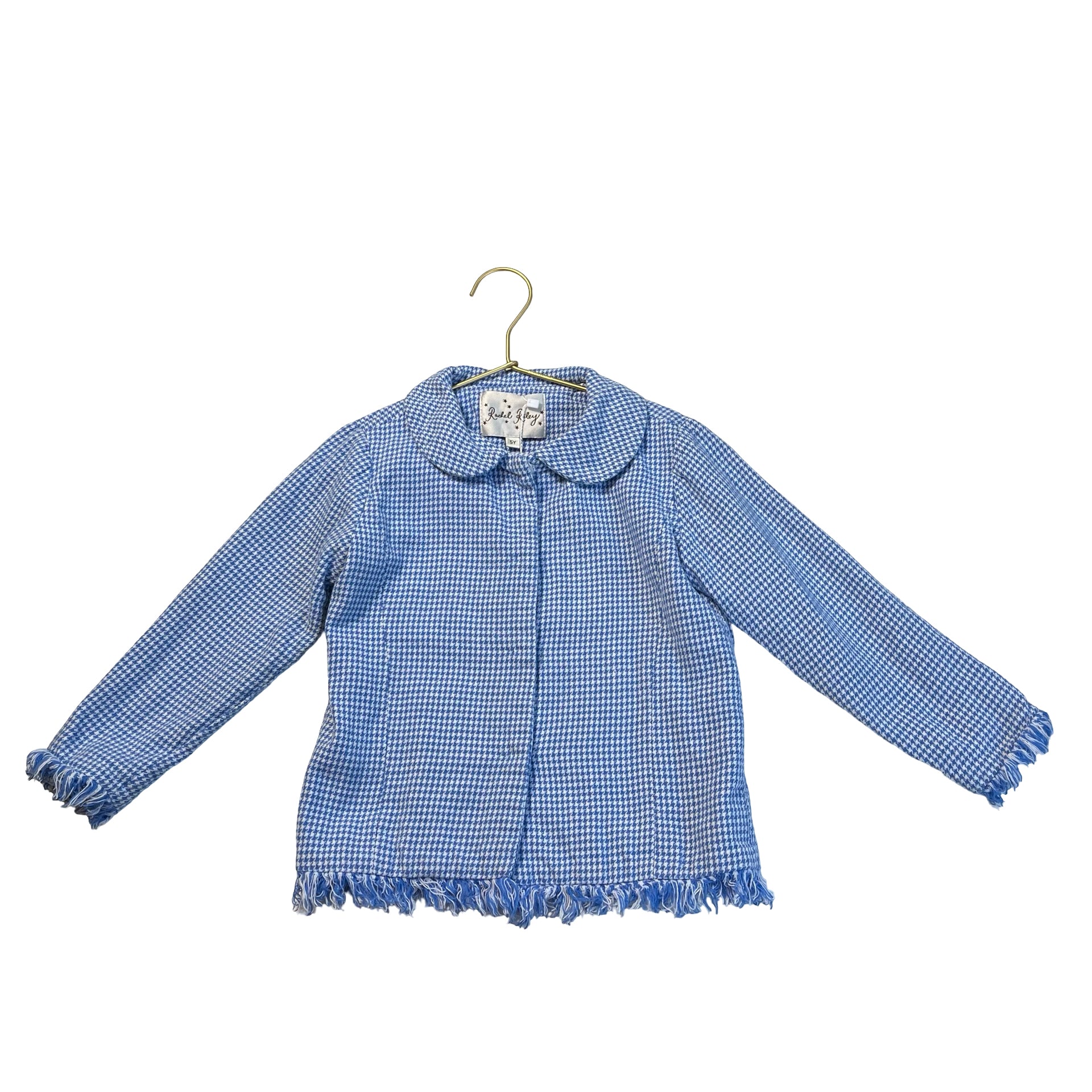 Rachel Riley Blue & White Houndstooth Blazer, Fringe Hem - Size 5Y