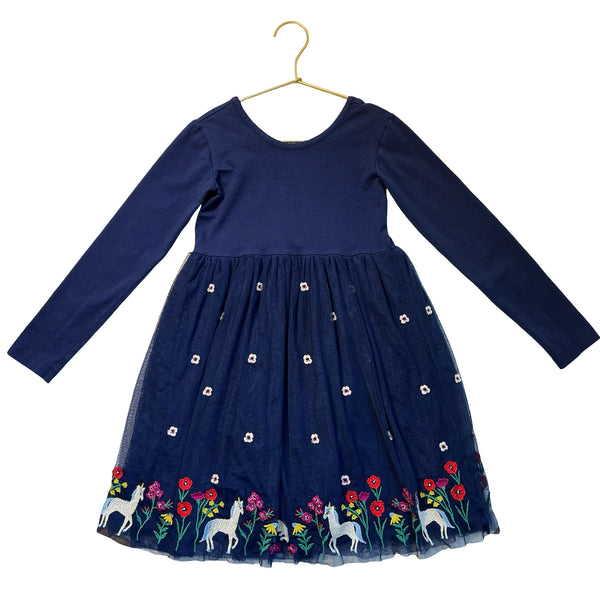 Hanna Andersson Navy Embroidered Unicorn Tulle Dress - Size 6-7