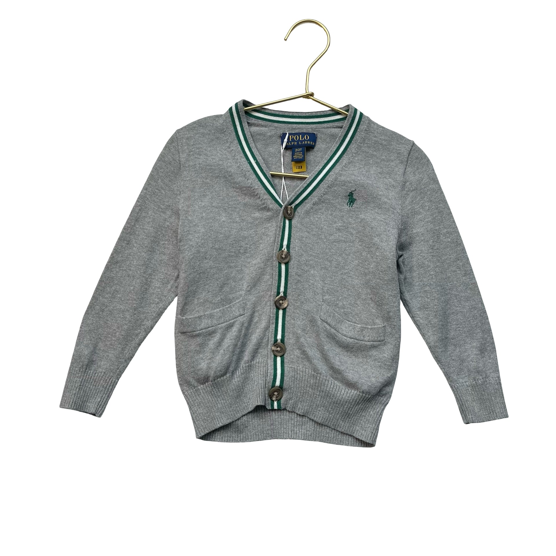 Polo Ralph Lauren Gray & Green Trim V-Neck Cotton Cardigan Sweater - Size 2