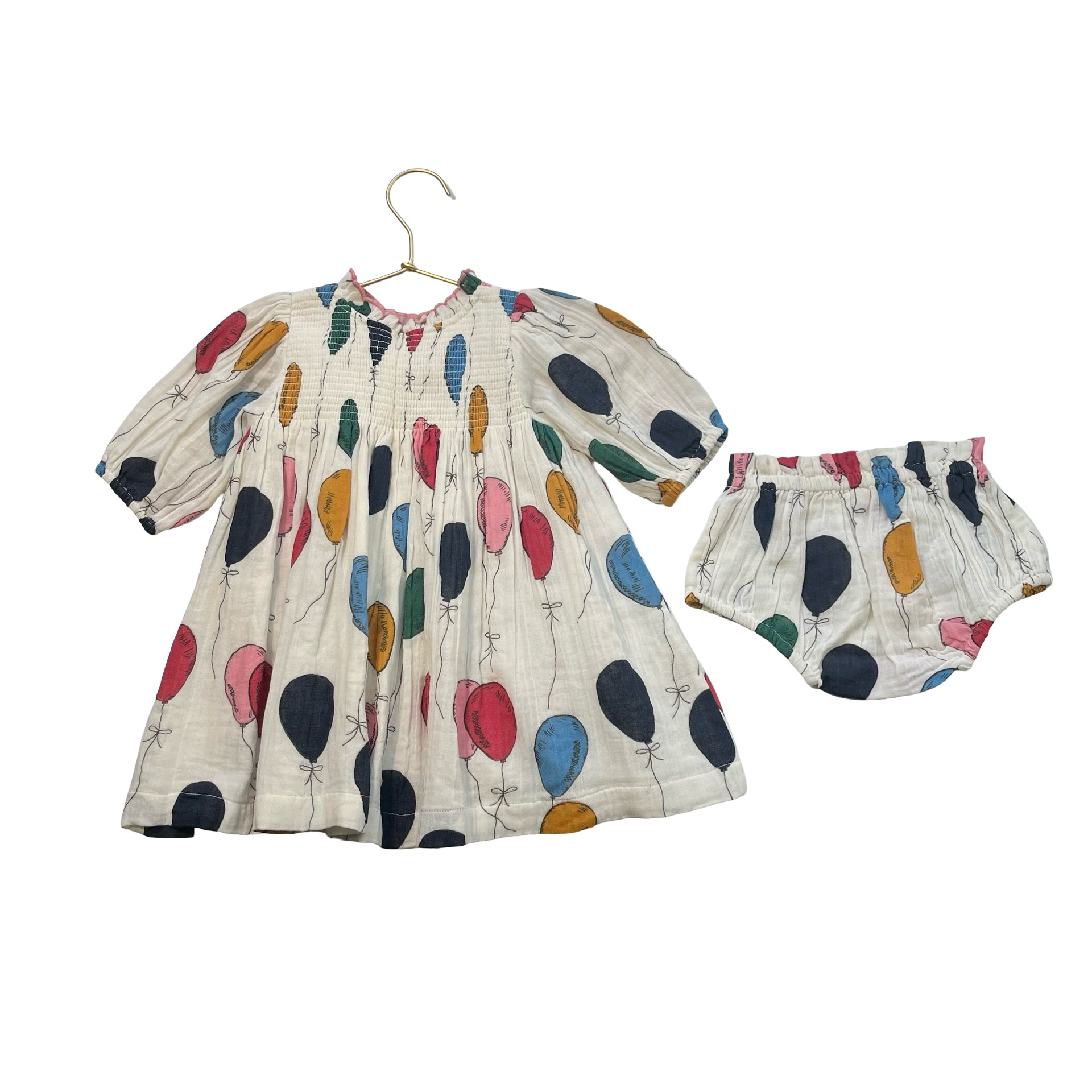 Pink Chicken Ivory & Multi-Color Balloon Print Dress & Bloomers - Size 6-12 Mo