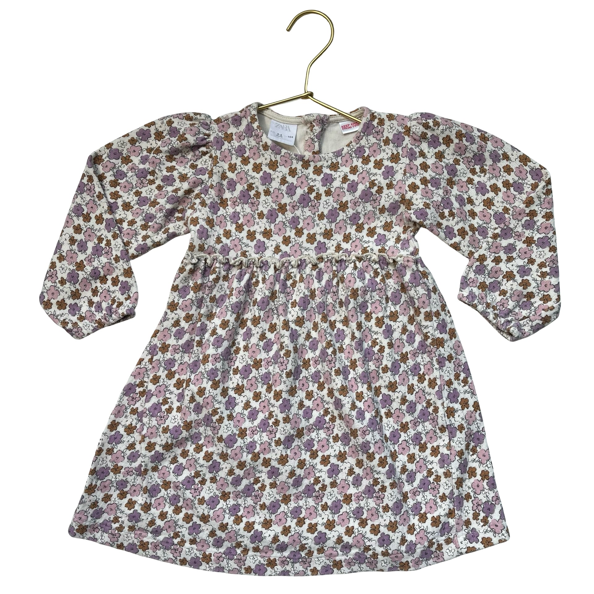 Zara Ivory, Pink, Purple, Brown Flower Print Dress - Size 3-4