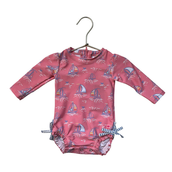 Ruffle Butts Pink Sailboat Print Swim Suit - Size 6-12 Mo