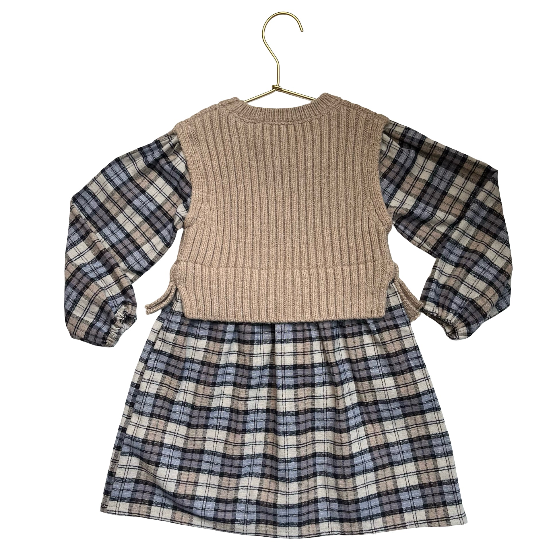 Zara Tan & Blue Plaid Flannel & Tan Sweater Vest Dress - Size 3-4