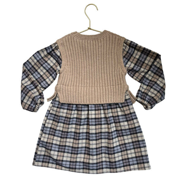 Zara Tan & Blue Plaid Flannel & Tan Sweater Vest Dress - Size 3-4