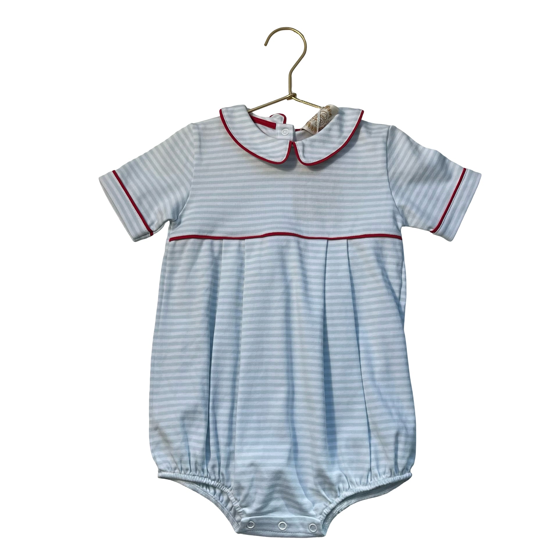 The Beaufort Bonnet Company Light Blue Striped Bubble Romper, Red Trim - Size 3T