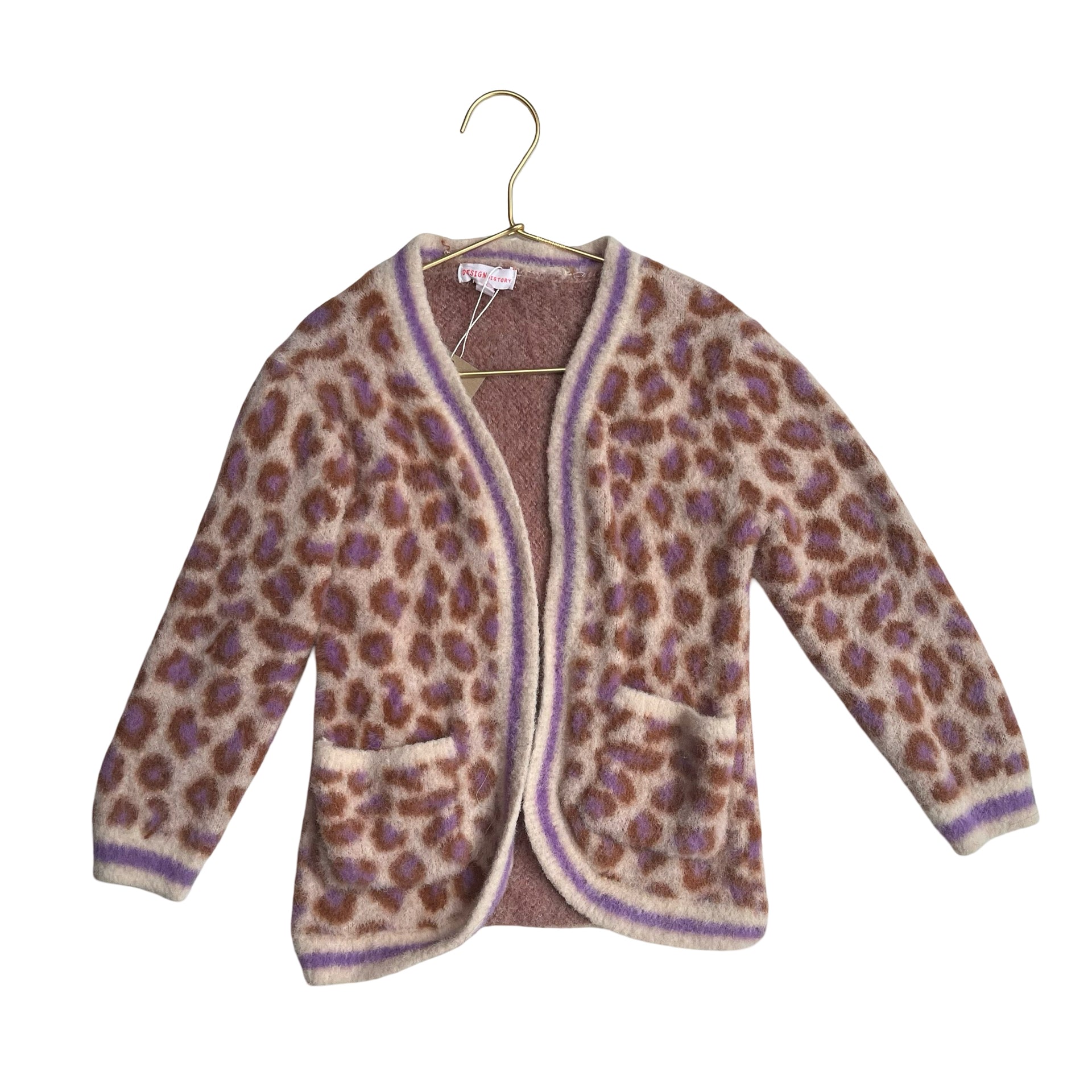 Design History Ivory & Purple Leopard Print Long Open-Front Cardigan - Size 3T