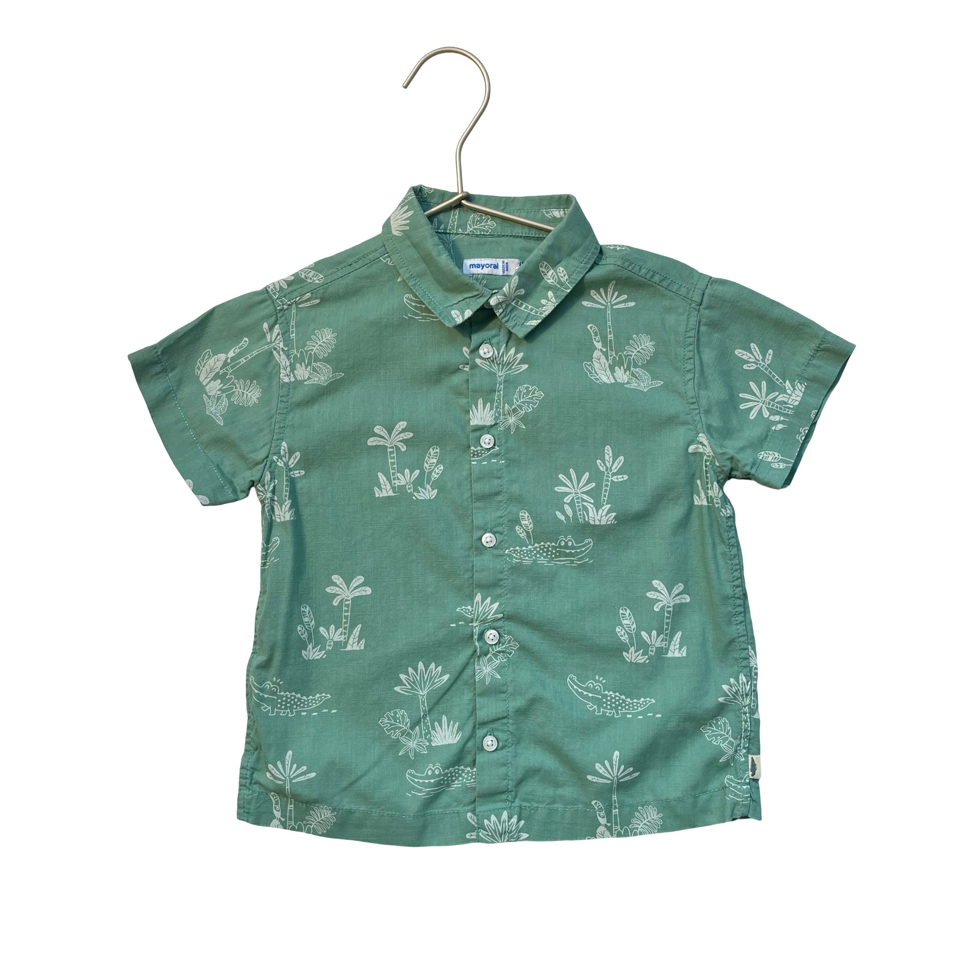 Mayoral Green Tree & Alligator Print Button Down Shirt - Size 24 Mo