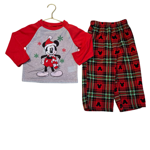Disney Red Mickey Mouse Shirt & Plaid Fleece Pant 2 Piece Pajamas - Size 3