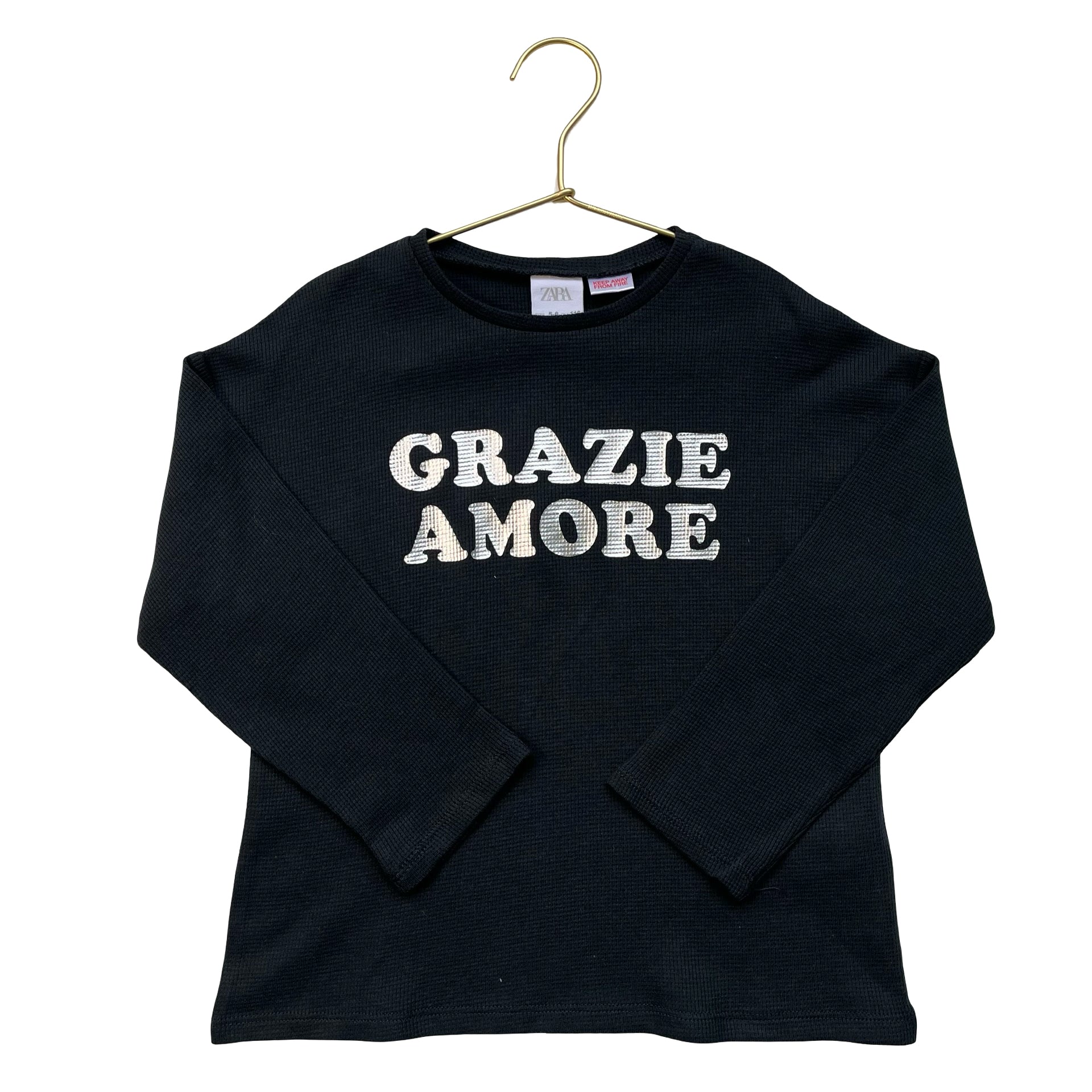 Zara Black & Silver 'Grazie Amore' Waffle Shirt - Size 5-6