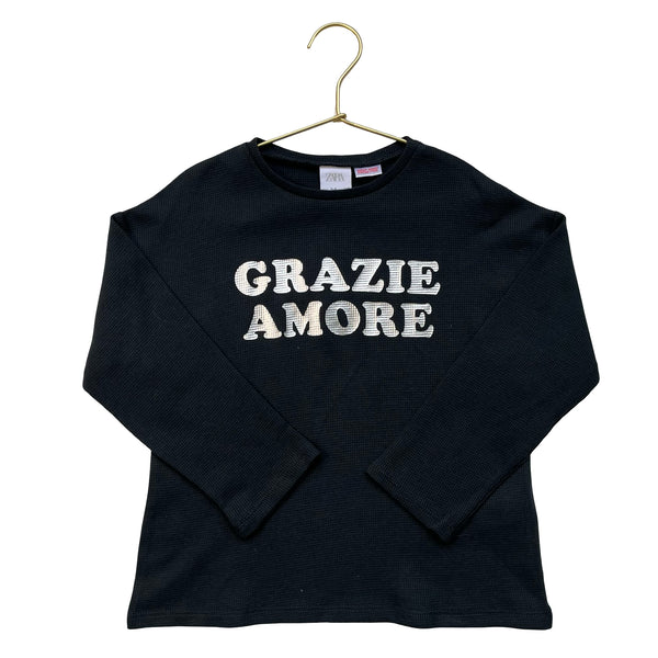 Zara Black & Silver 'Grazie Amore' Waffle Shirt - Size 5-6