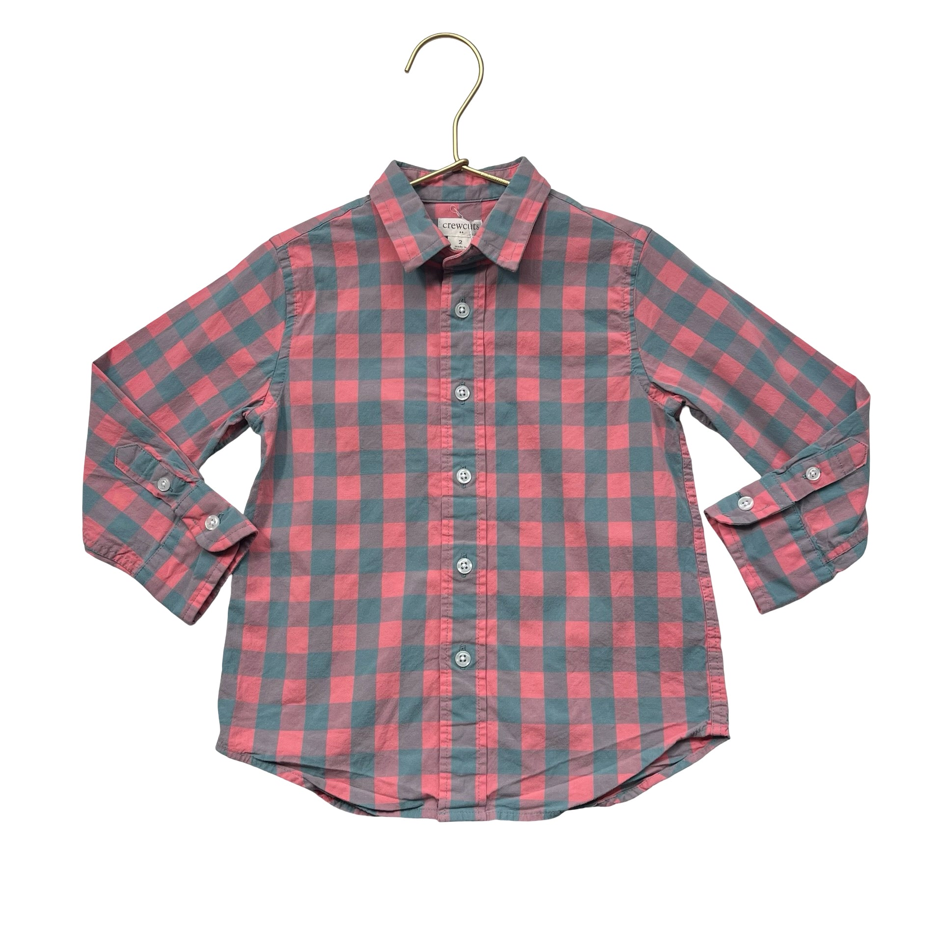 Crewcuts Peach & Teal Check Button Down Shirt - Size 2
