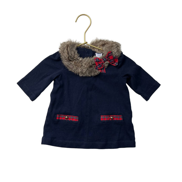 Janie and Jack Navy, Faux Fur & Red Plaid Bow Top - Size 12-18 Mo