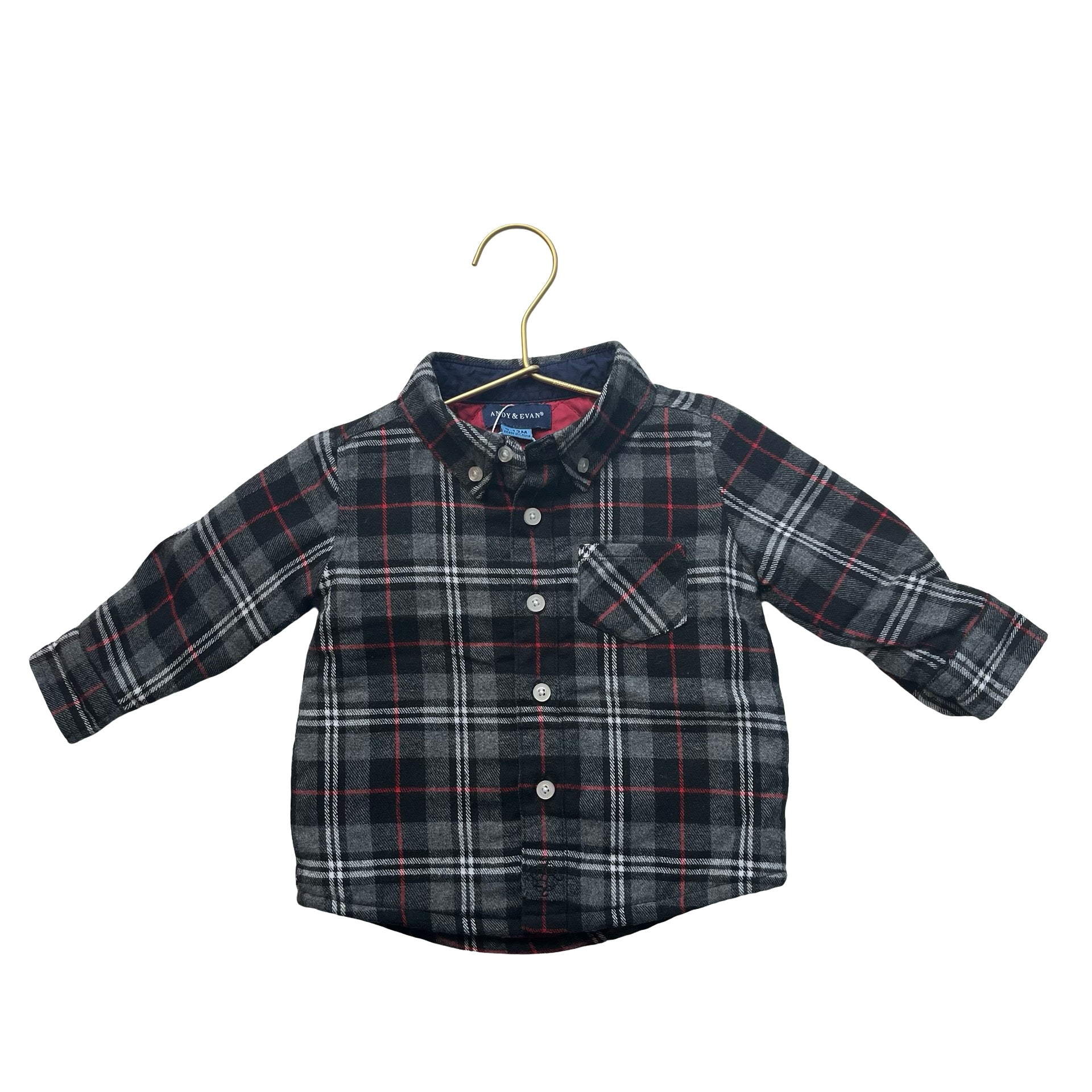 Andy & Evan Gray, Black, Red Plaid Flannel Shacket Shirt - Size 9-12 Mo