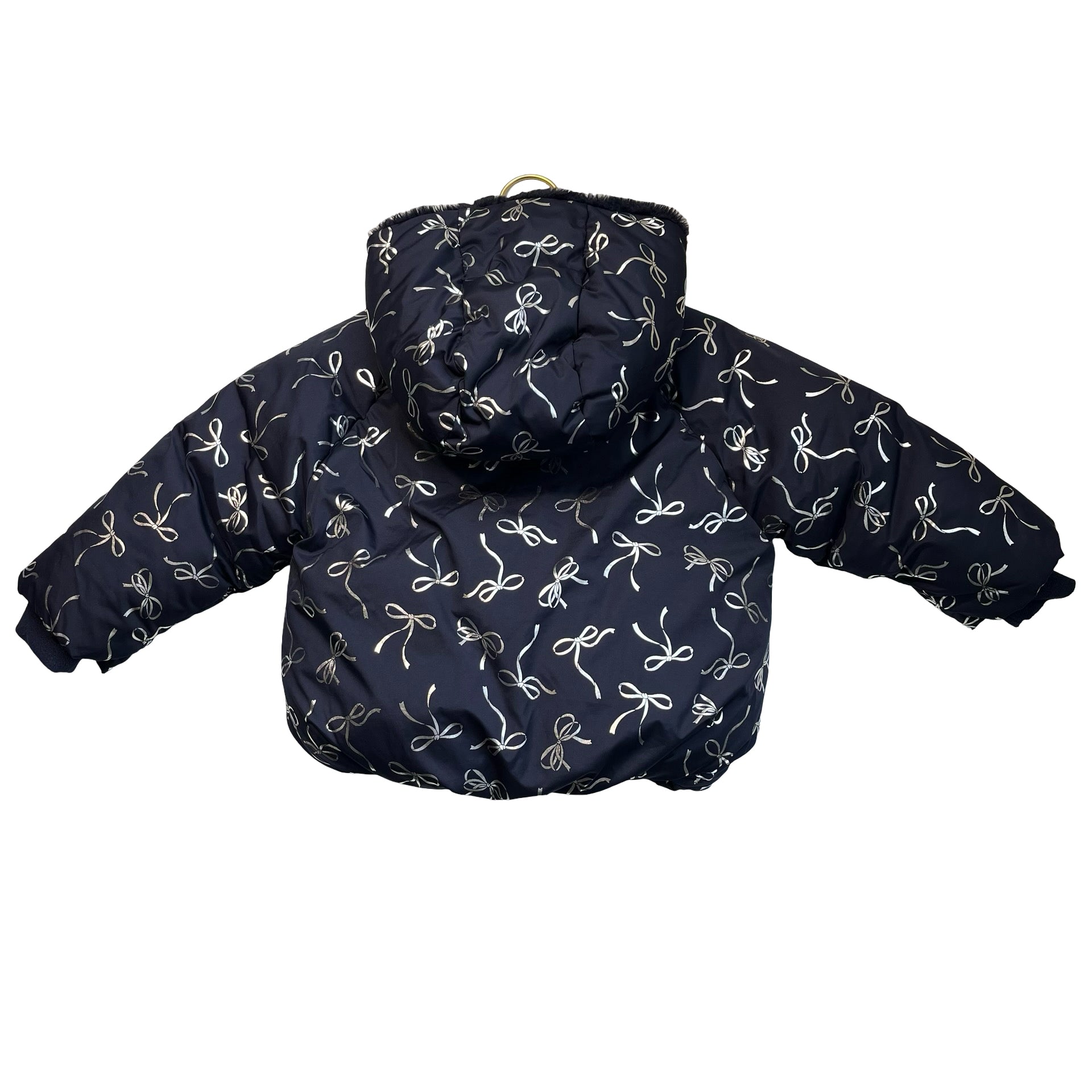 Baby Gap Faux-Fur Lined Navy & Silver Bow Print Hooded Winter Jacket - Size 2