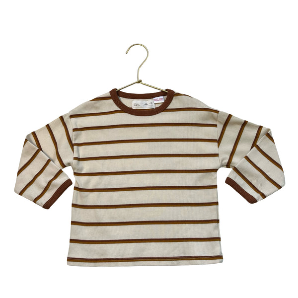 Zara Ivory & Brown Striped Ribbed Shirt - Size 3