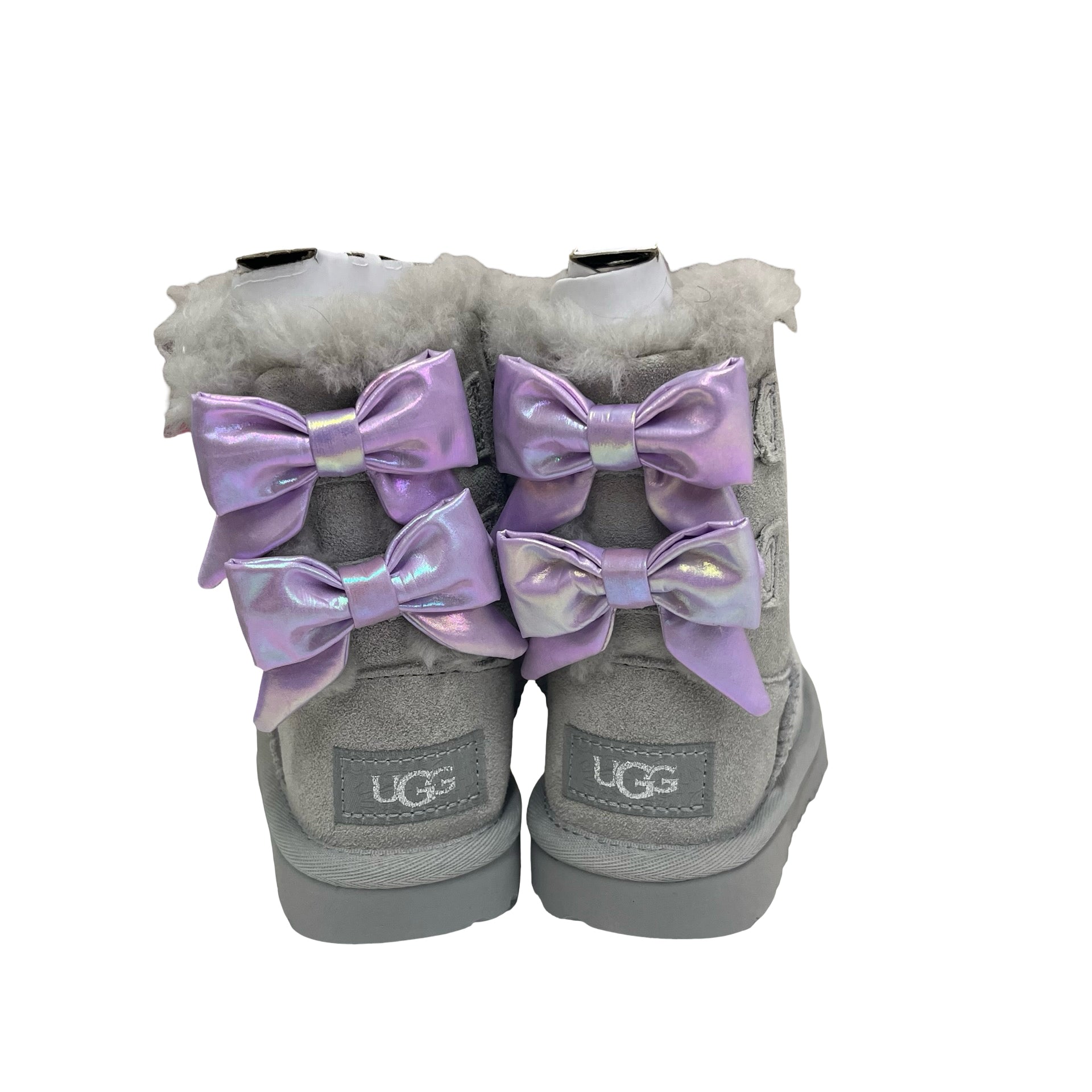 UGG Bailey Bow Gray & Lavender Iridescent Boots New in Box - Size 8