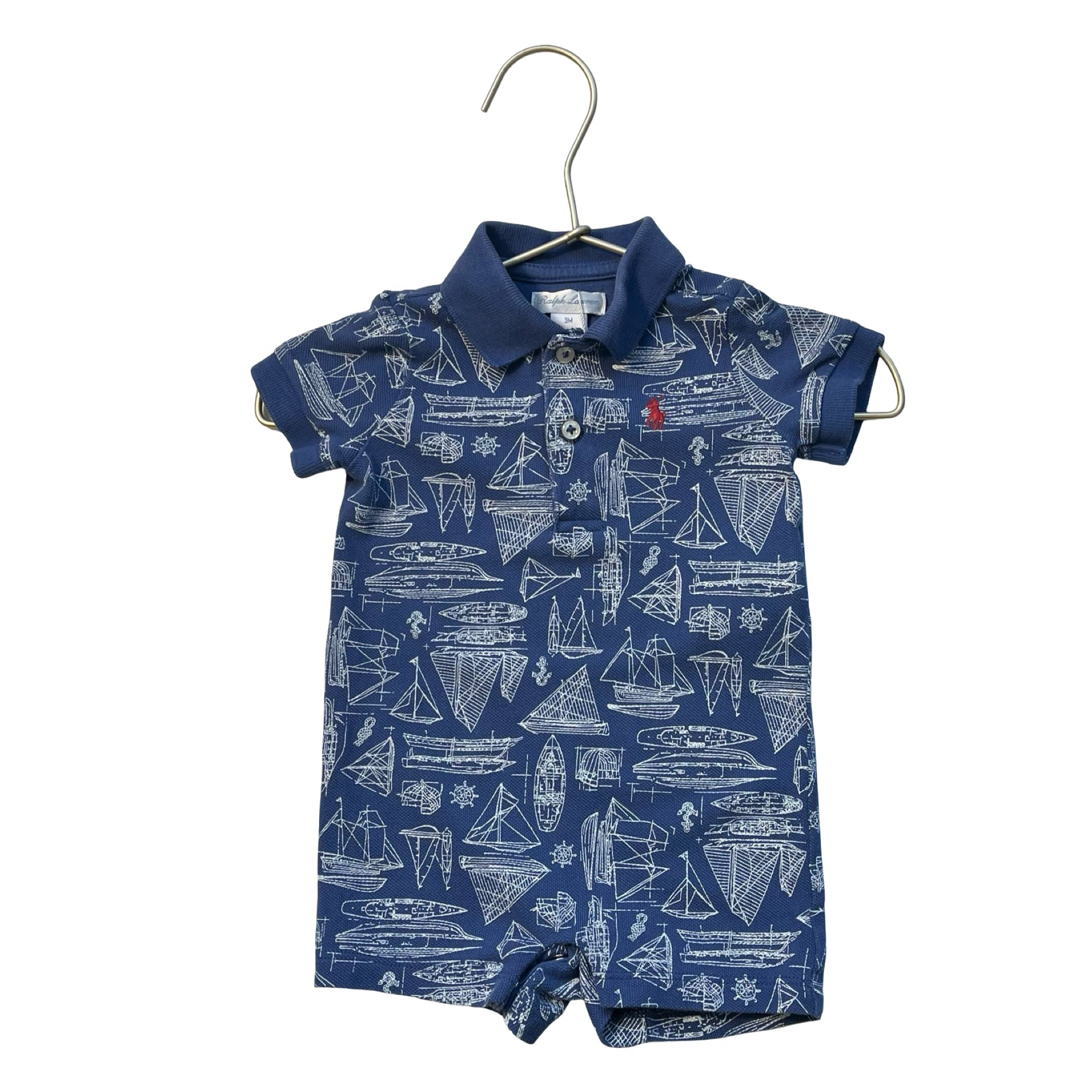 Ralph Lauren Blue Sailboat Print Polo Romper - Size 3 Mo