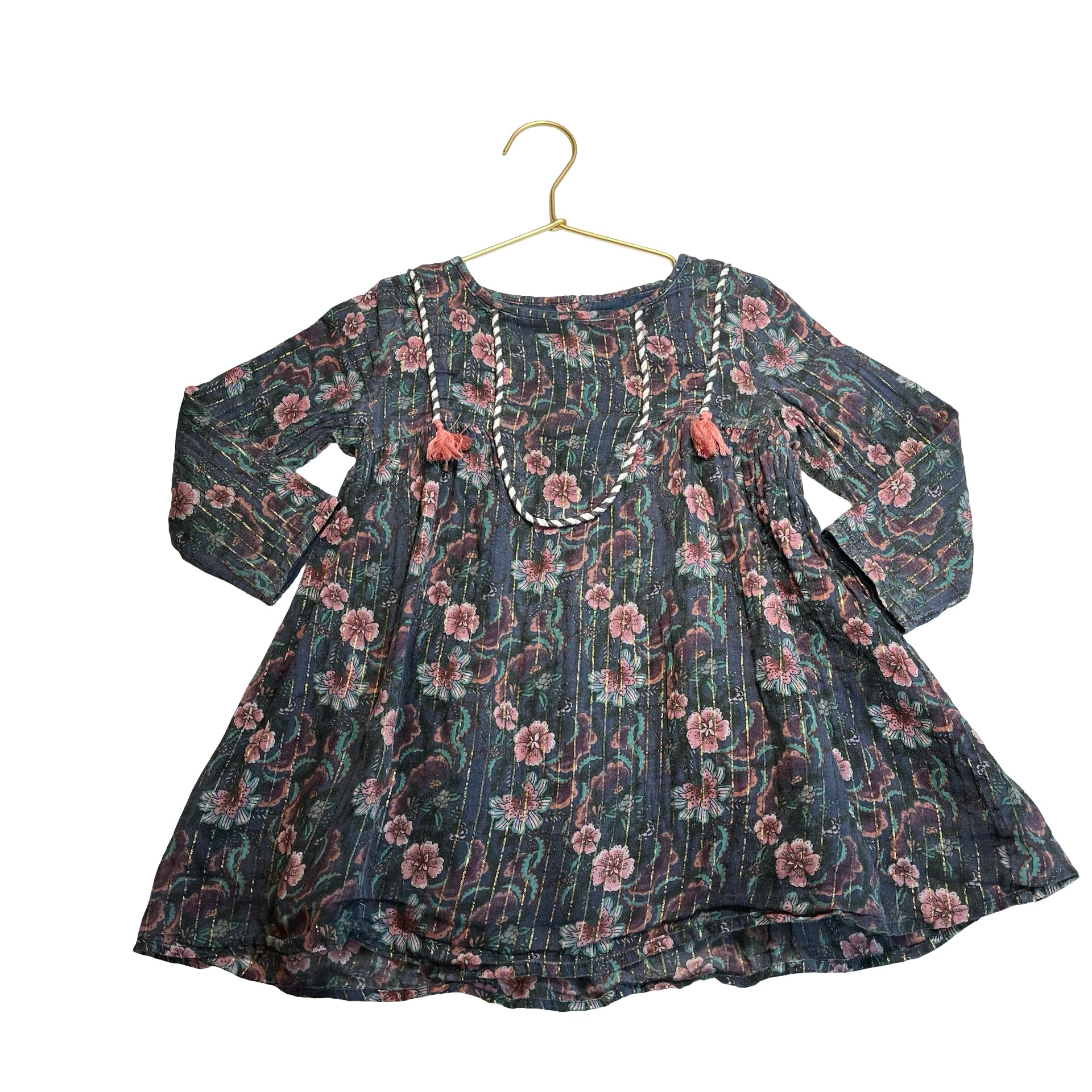 Louise Misha Navy, Pink, Purple Floral Metallic Stripe Dress - Size 3Y