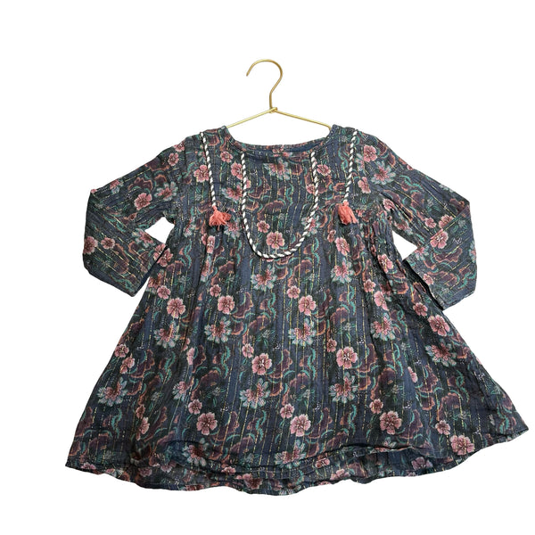 Louise Misha Navy, Pink, Purple Floral Metallic Stripe Dress - Size 3Y