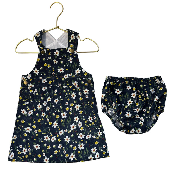 Bisby Navy Floral Corduroy Overall Dress & Bloomers - Size 18-24 Mo