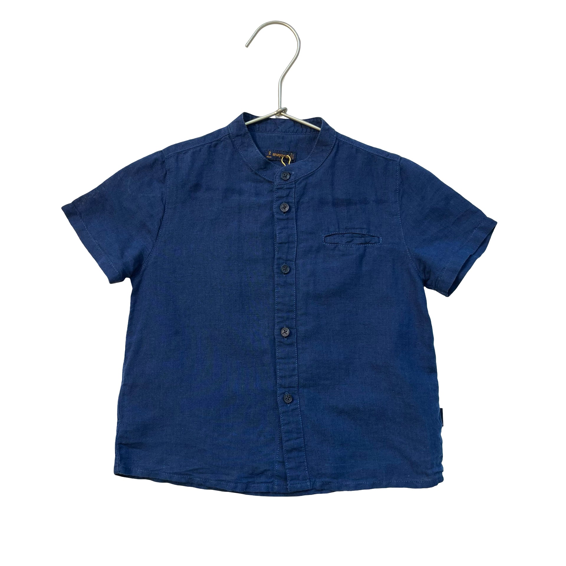 Mayoral Navy Collarless Button Down Shirt - Size 2