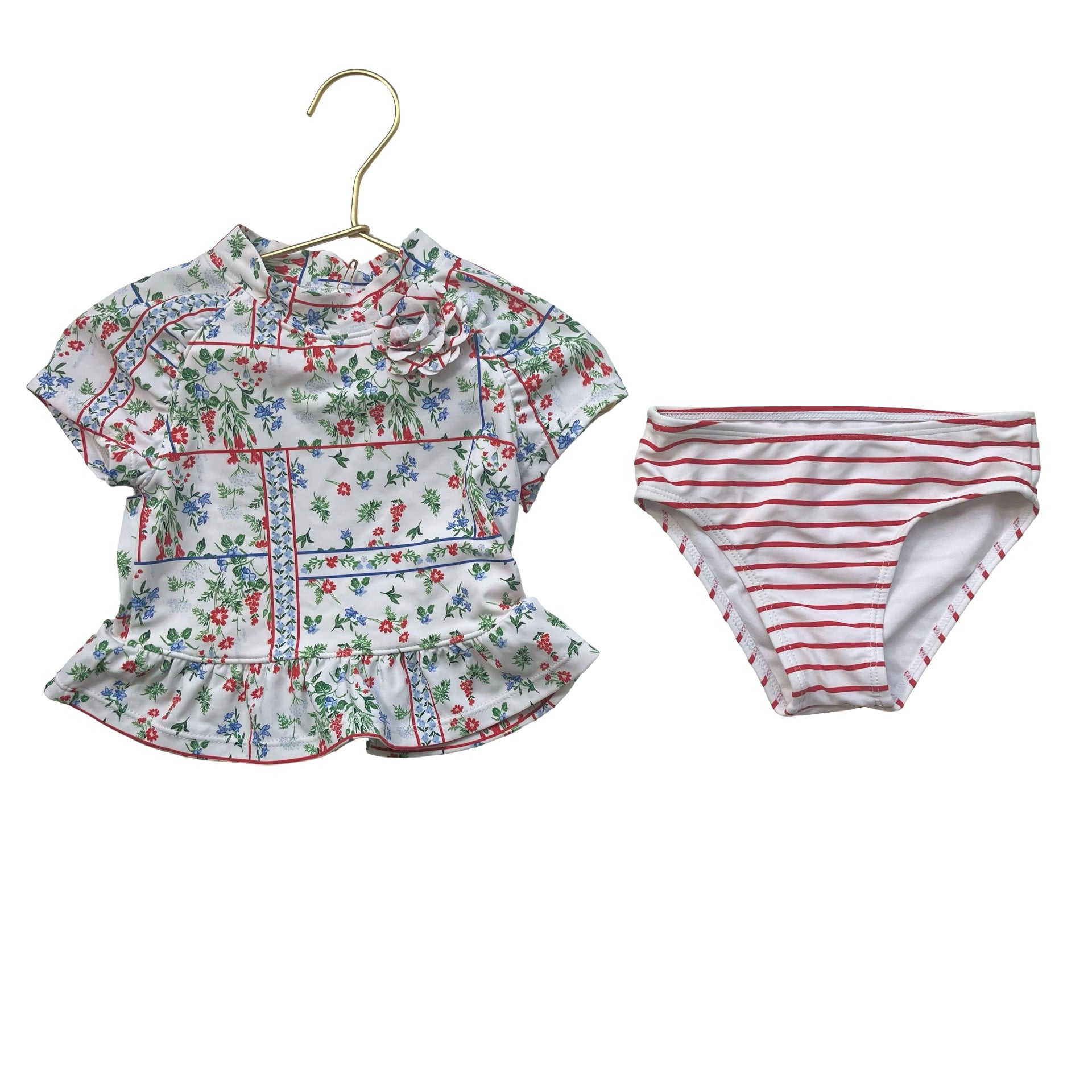 Janie and Jack Ivory Floral Rash Guard & Stripe Bottom 2-Piece Swimsuit - Size 2