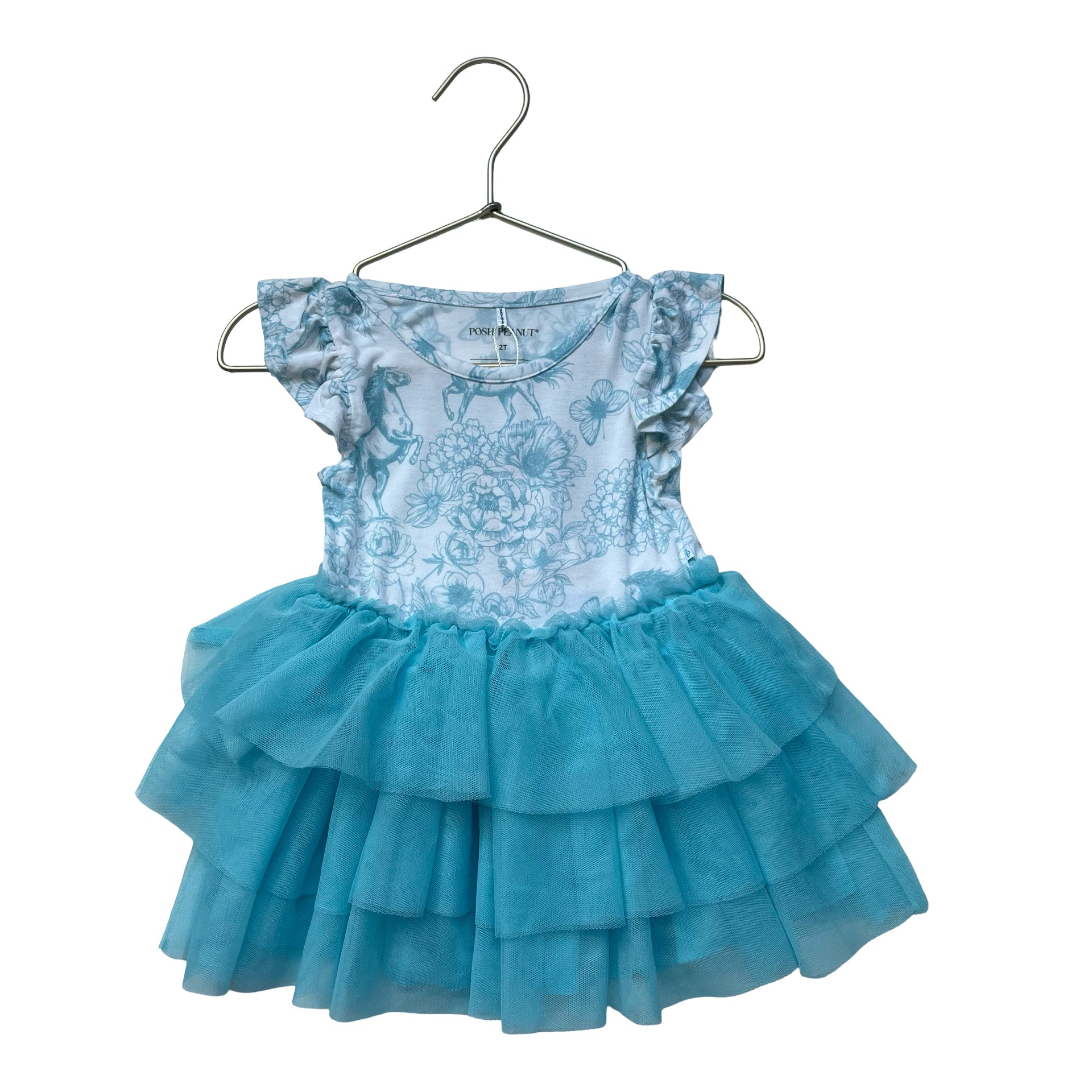 Posh Peanut Blue Floral & Horse Print Tulle Skirt Dress - Size 2T