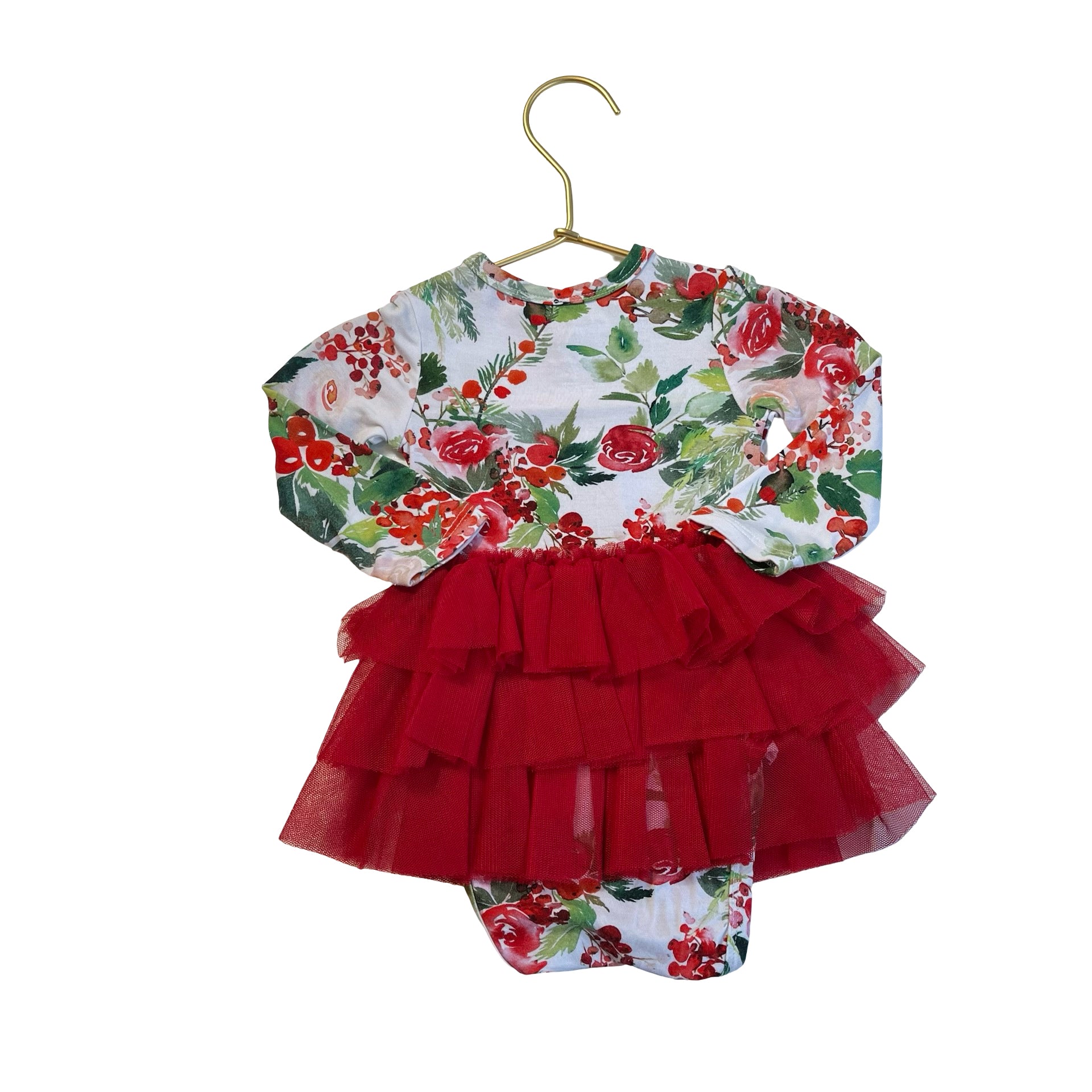 Posh Peanut Holly Print & Red Tulle Onesie Dress - Size 3-6 Mo