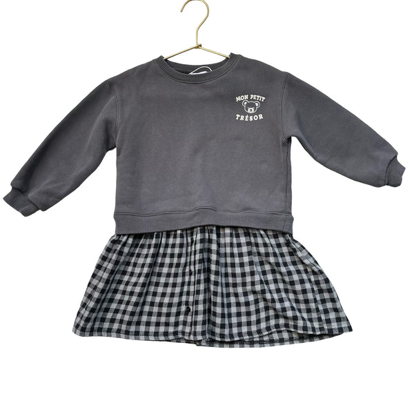 Zara 'Mon Petit Tresor' Gray Sweatshirt & Check Dress - Size 2-3