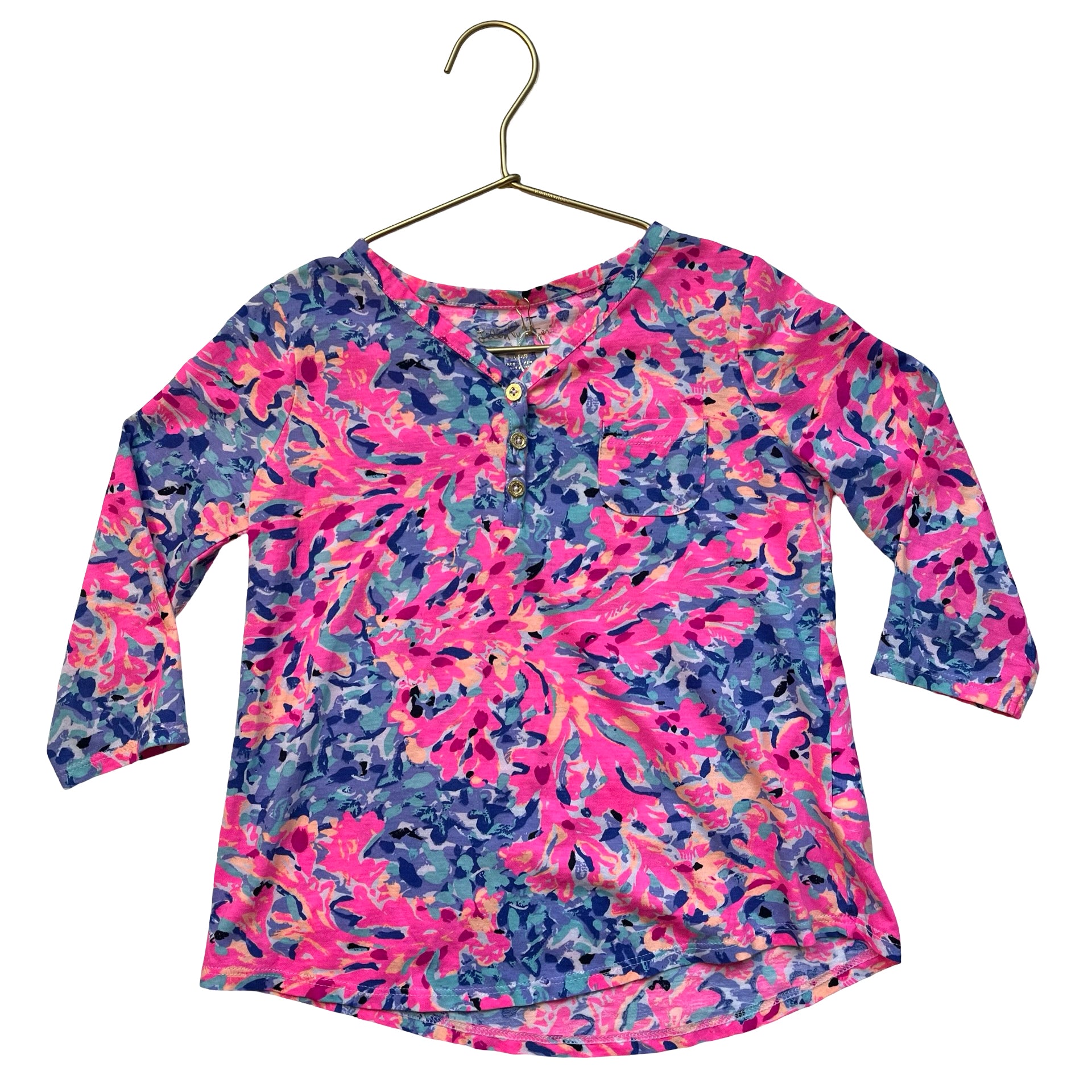 Lilly Pulitzer Colorful Flower Print Henley Blouse - Size M 6-7
