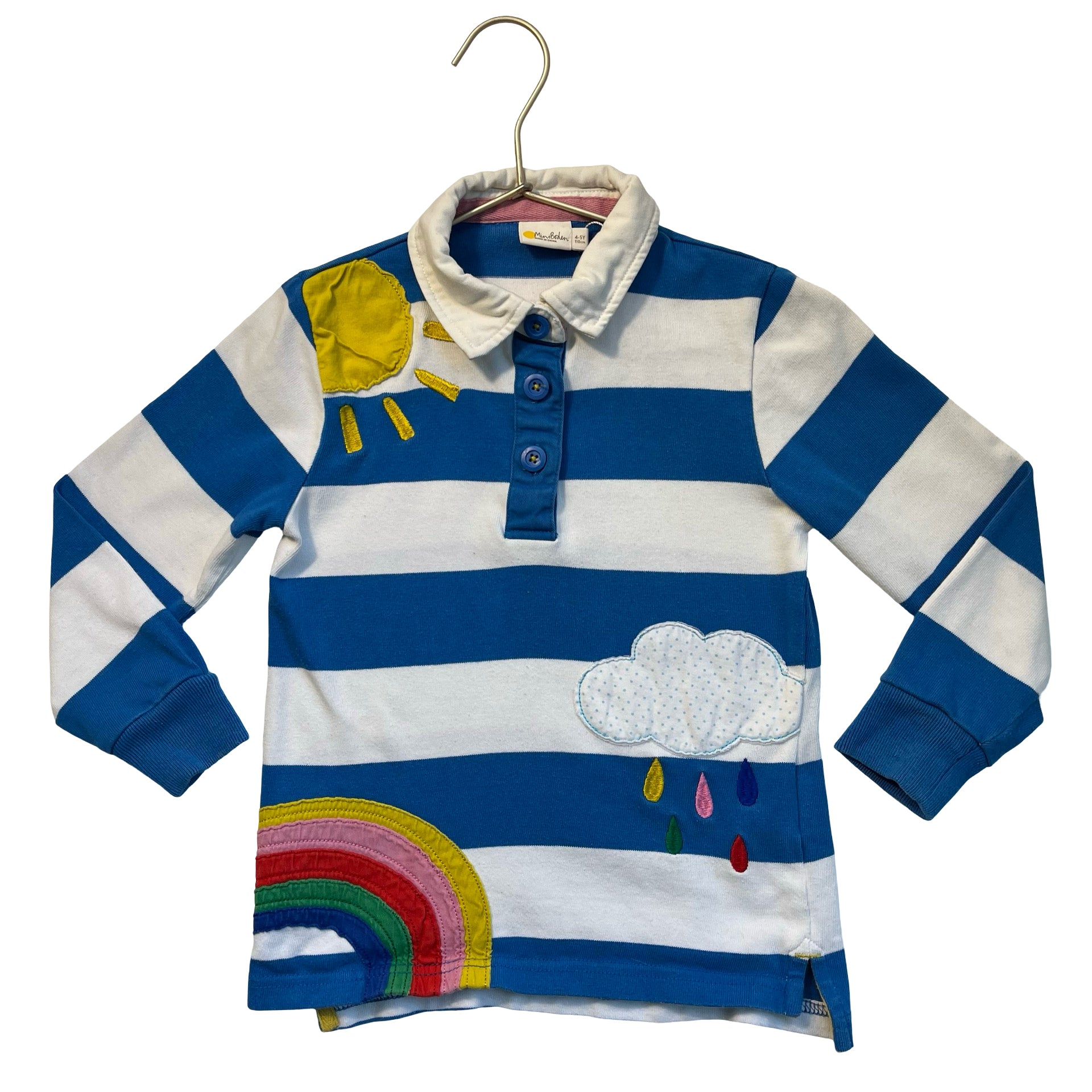 Mini Boden Blue & White Striped Sun, Cloud, Rainbow Applique Rugby Shirt - 4-5Y