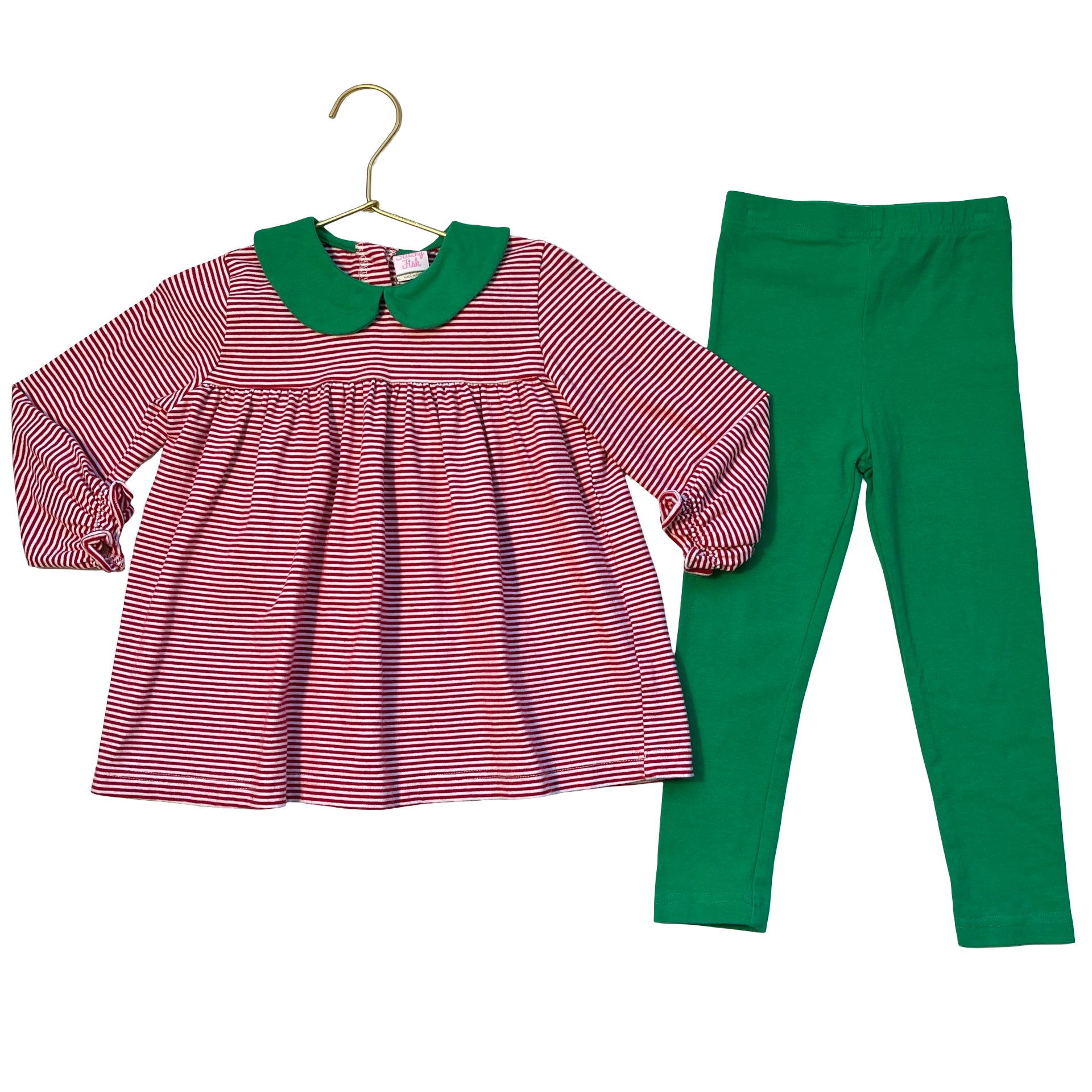 Stitchy Fish Red Striped Top & Green Leggings - Size 3T