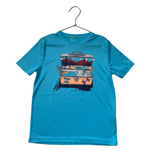 Under Armour Aqua Blue 'Born to Fish' Graphic Athletic T-Shirt - Size YSM 8