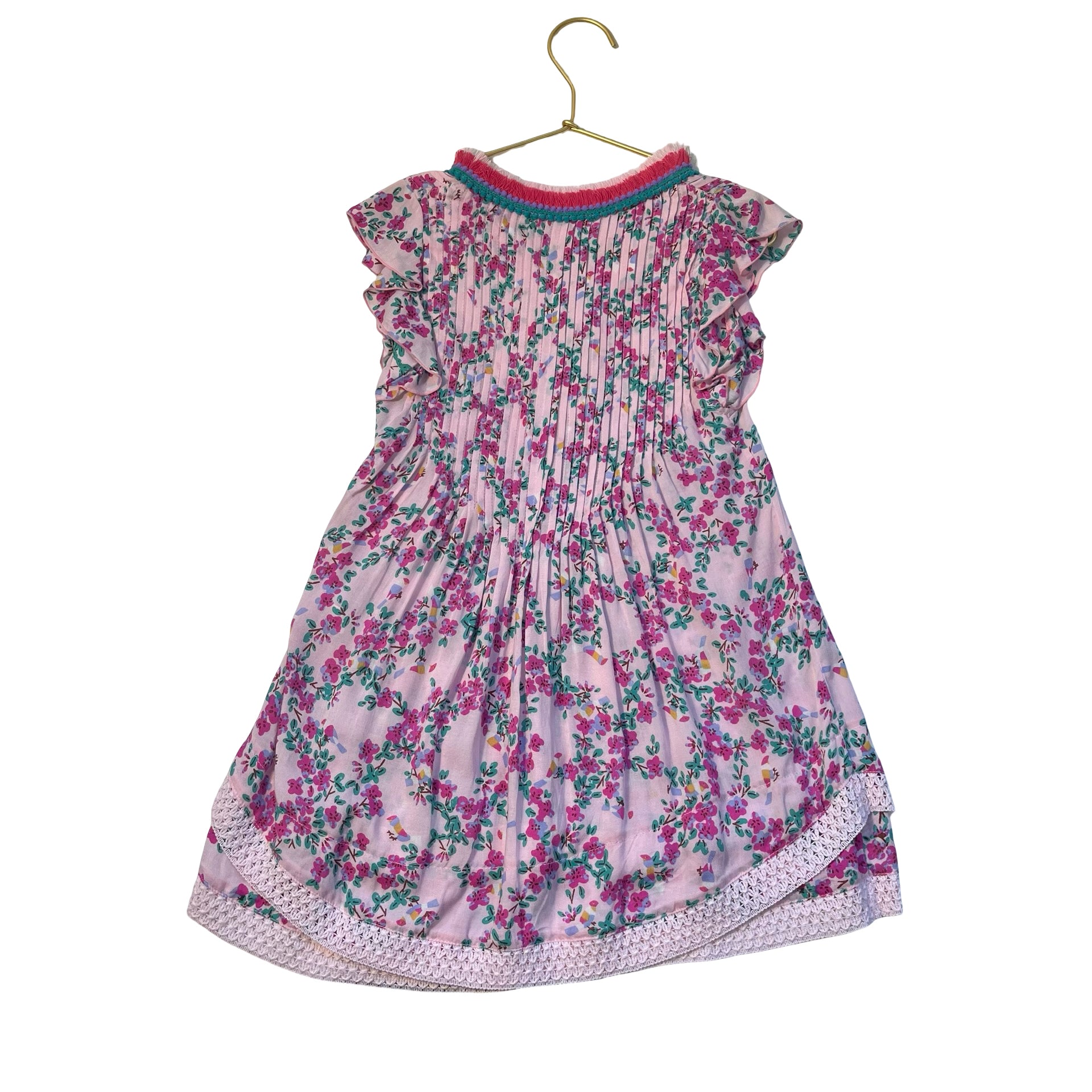 Poupette St Barth Pink Floral Fringe & Lace Trim Dress - Size S