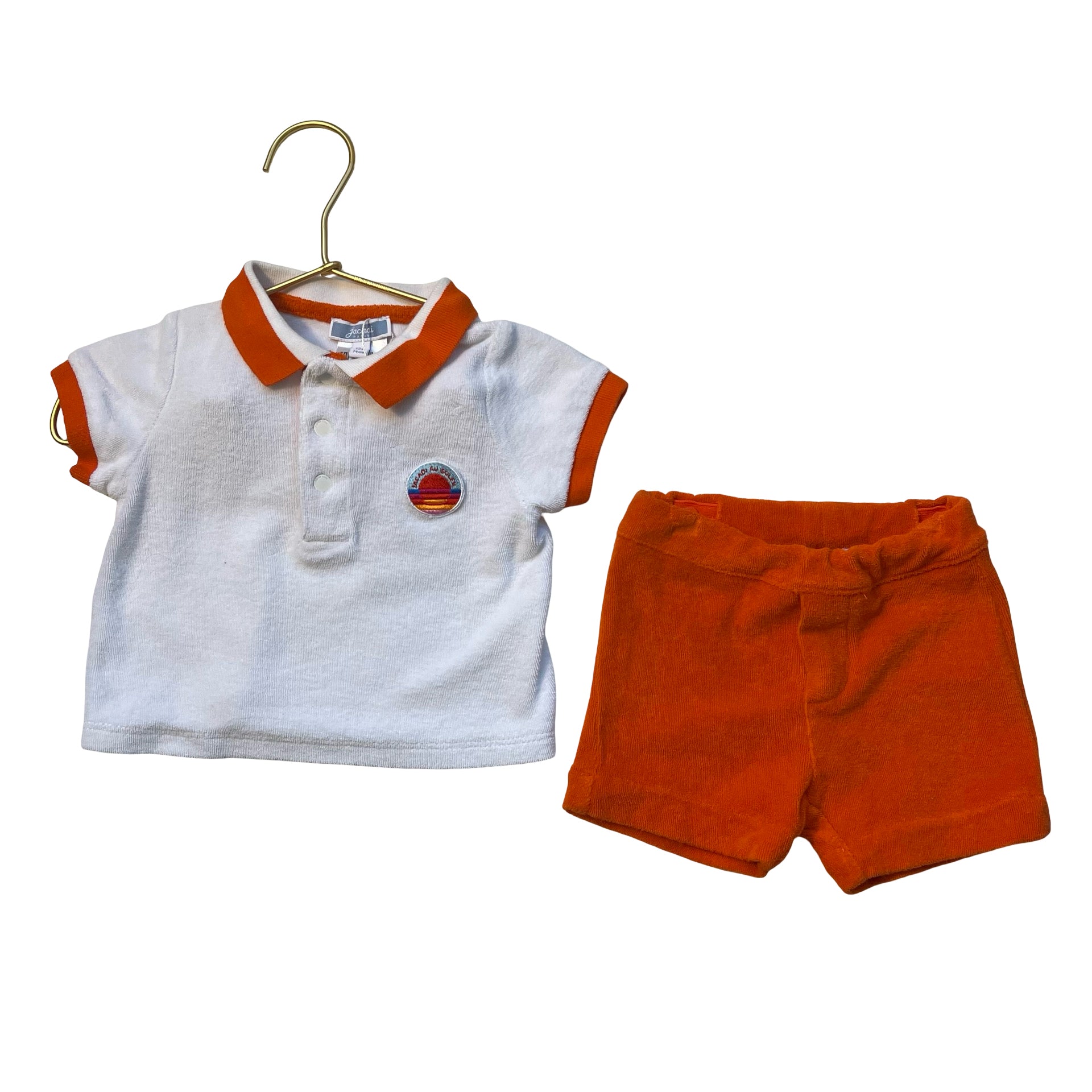Jacadi White & Orange Terry Polo & Shorts Set - Size 12 Mo