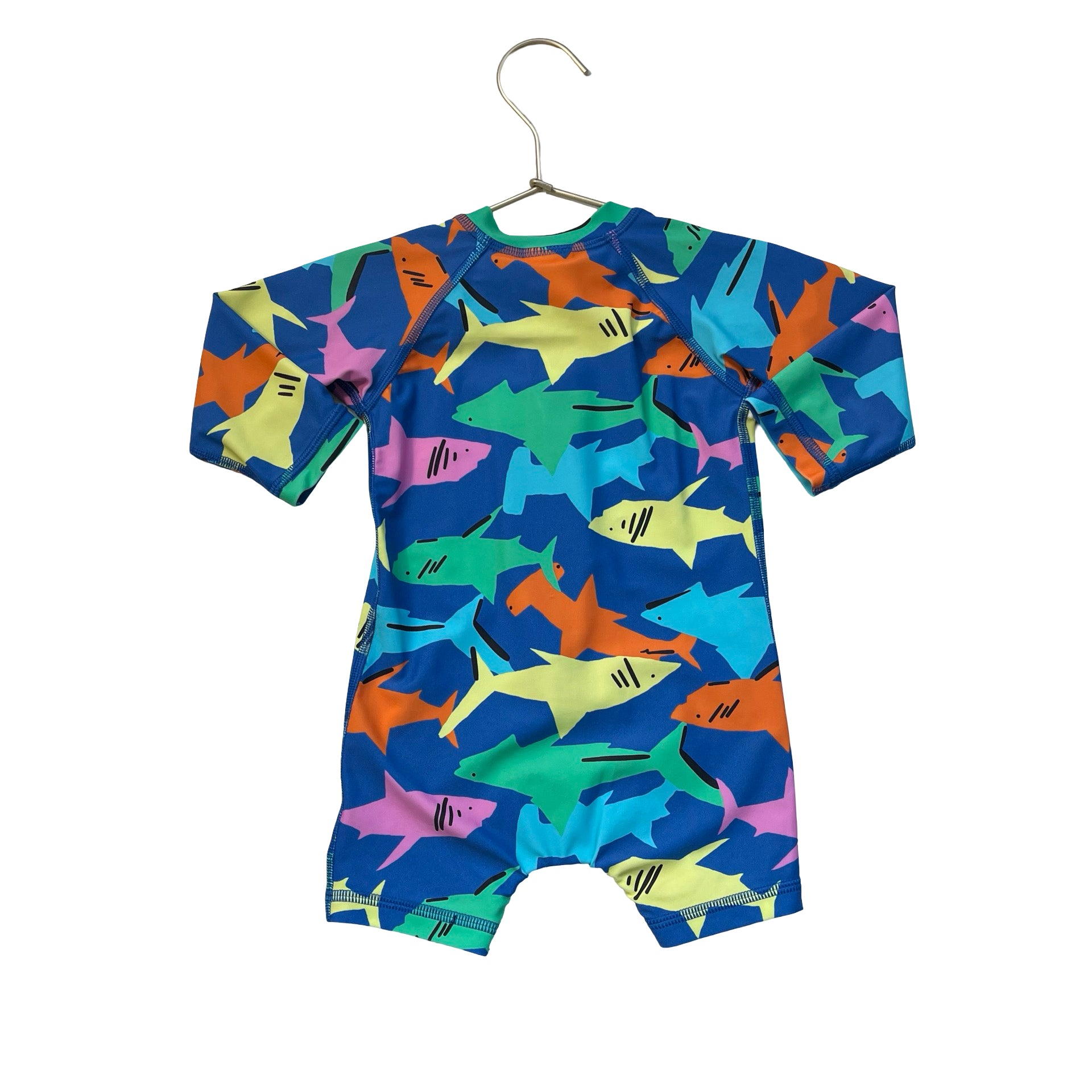 Hanna Andersson Blue & Multi-Color Shark Print Swim Suit Romper - Size 6-12 Mo