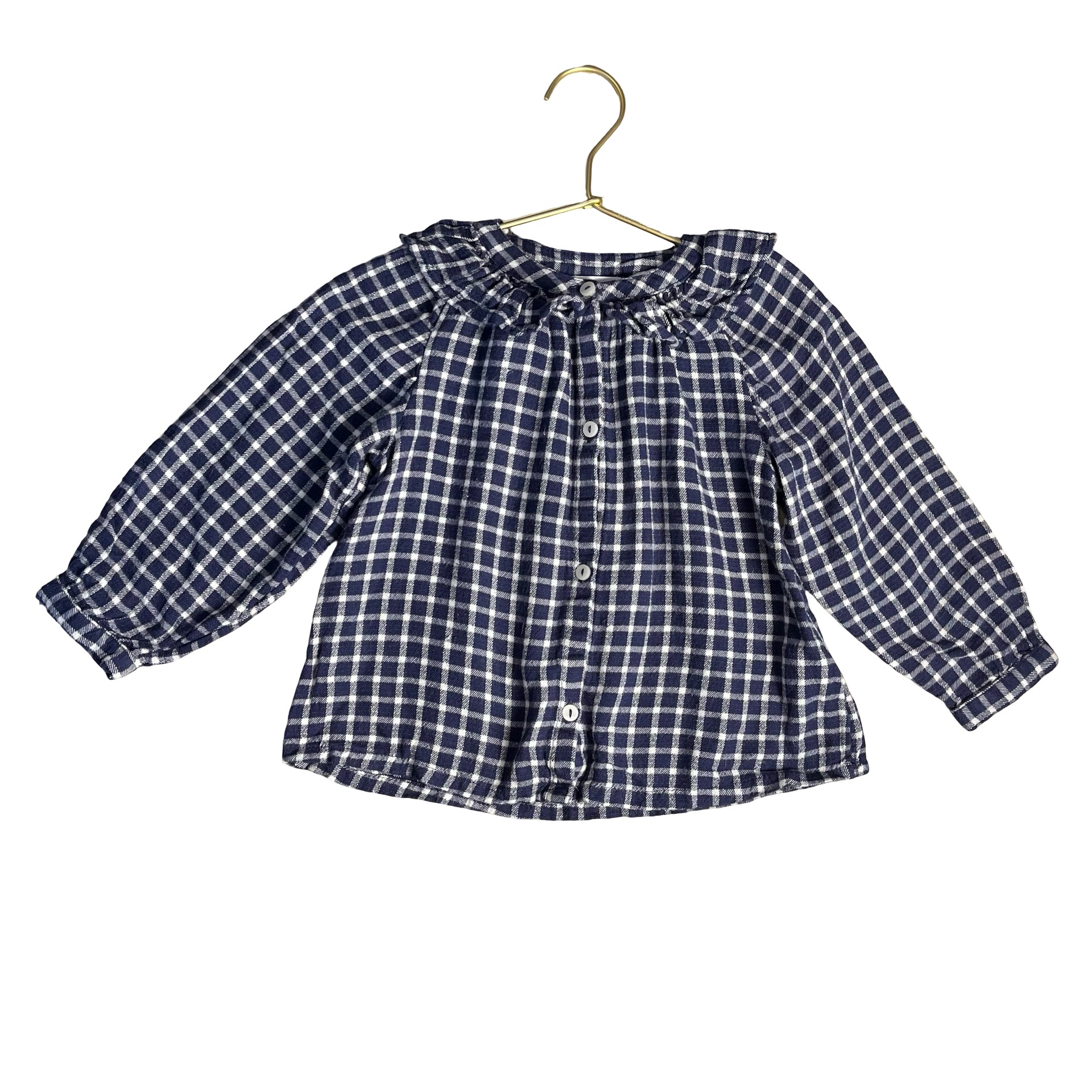 Zara Navy & White Check Flannel Button Down Blouse - Size 2-3