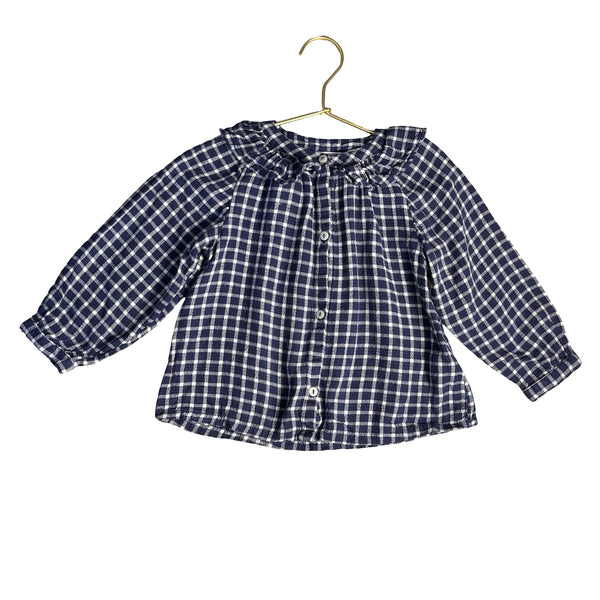 Zara Navy & White Check Flannel Button Down Blouse - Size 2-3