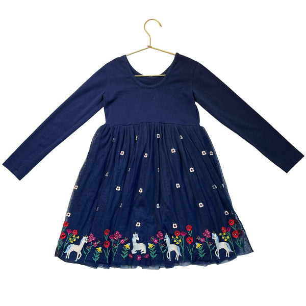 Hanna Andersson Navy Embroidered Unicorn Tulle Dress - Size 6-7
