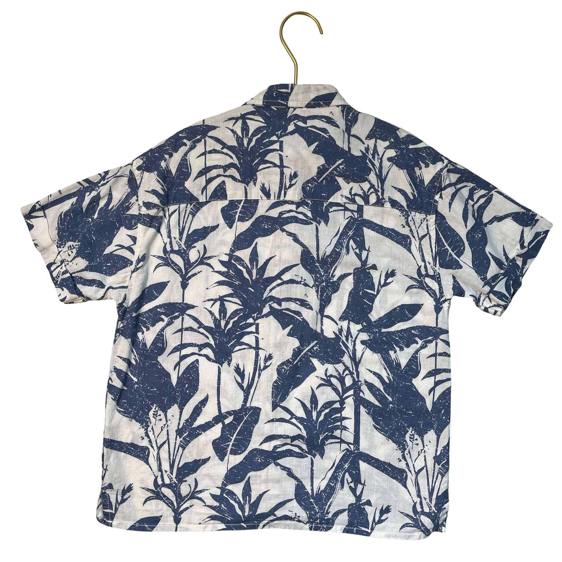 Zara White & Blue Tropical Print Cotton-Linen Blend Button Down Shirt - Size 7