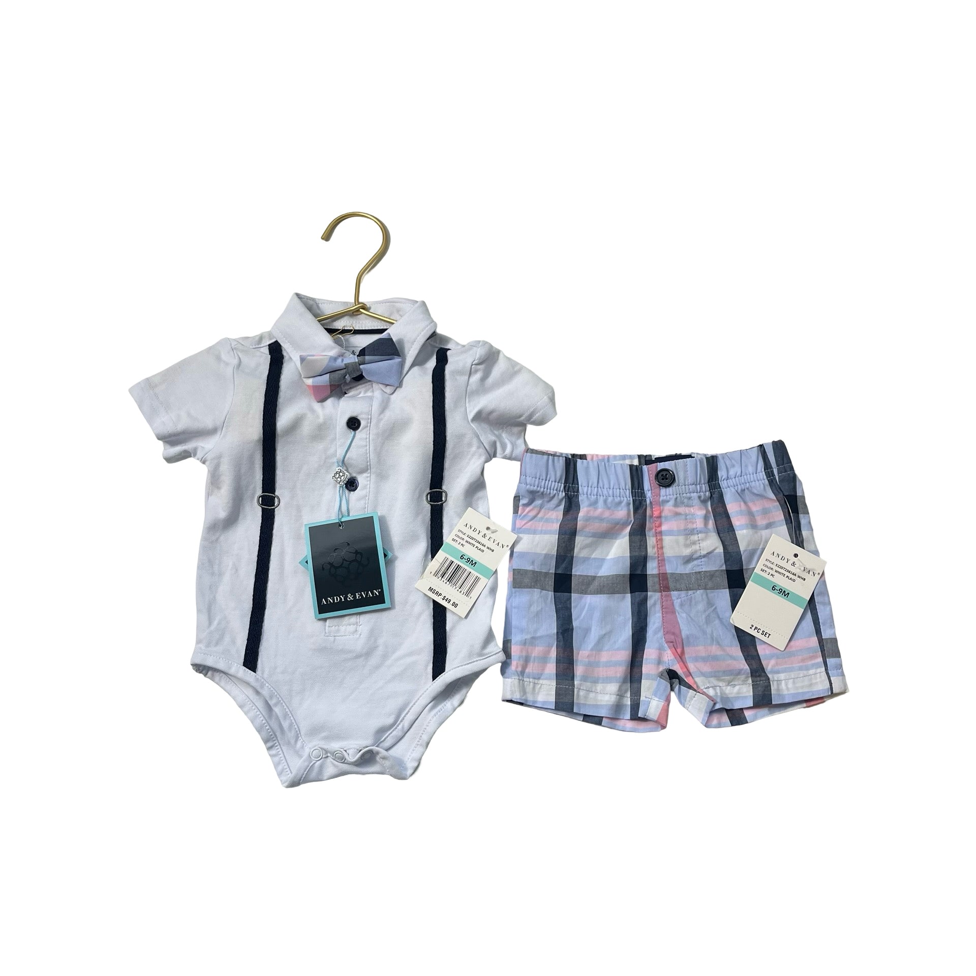 Andy & Evan Light Blue Bowtie Onesie & Plaid Short Set w/ Tag - Size 6 - 9 Mo - Bounce Mkt
