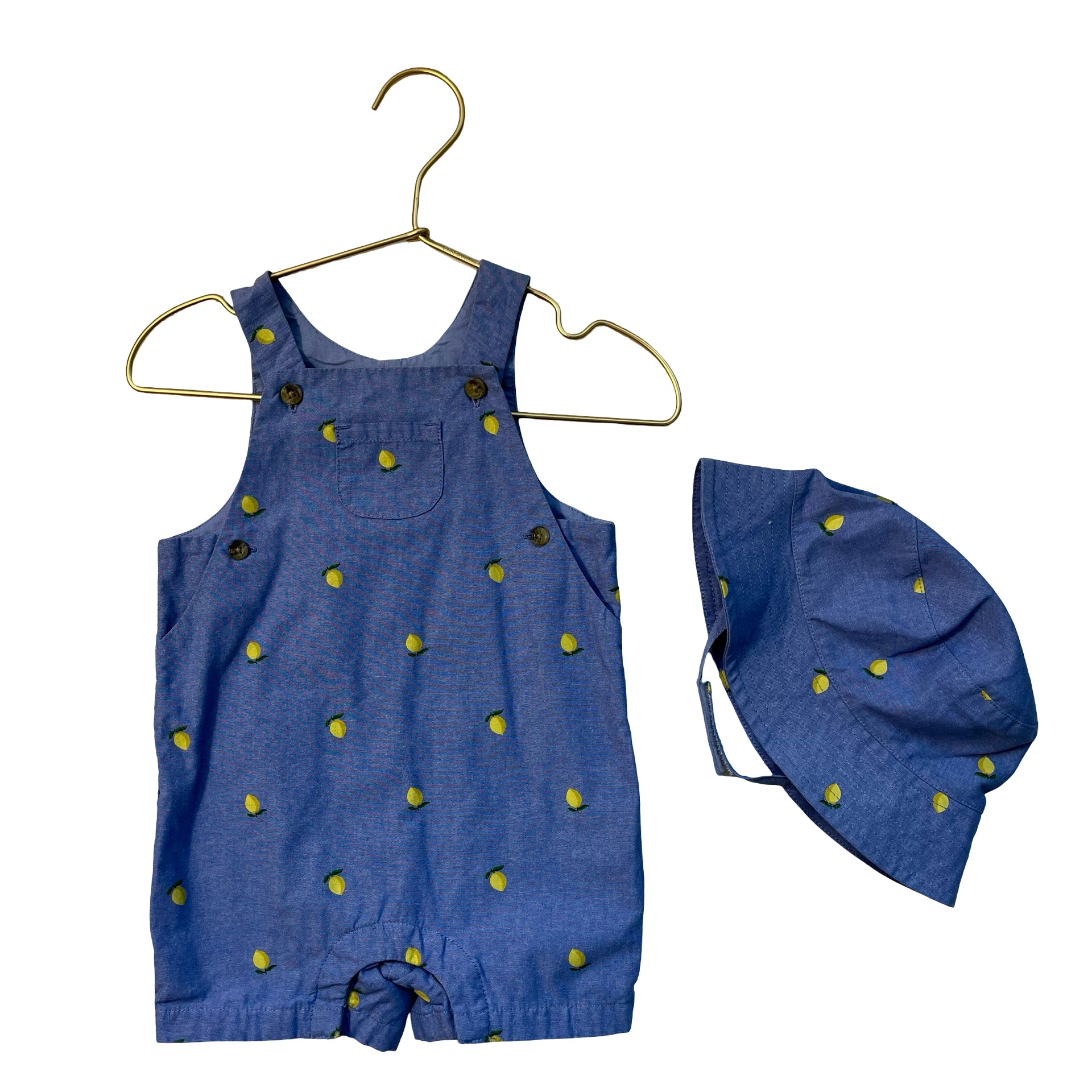 Janie and Jack Chambray Lemon Print Shortalls & Hat - Size 6-12 Mo