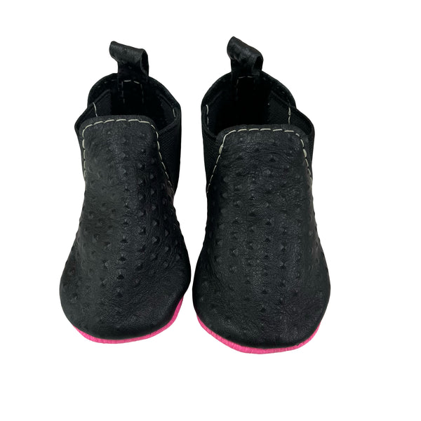 Freshly Picked Black & Neon Pink Leather Soft-Sole Booties - Size 3
