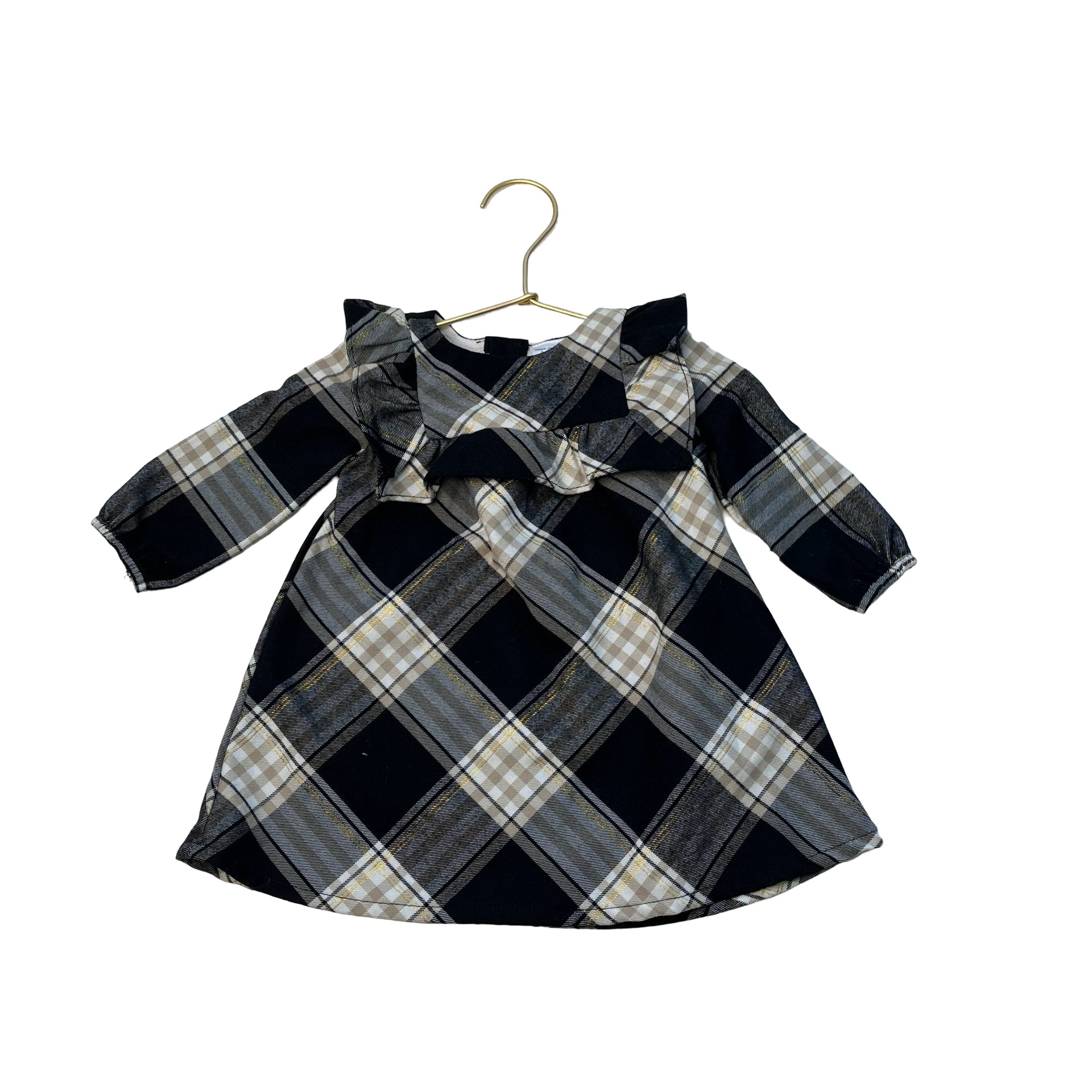 Carter's Black, Ivory, Tan, Gold Plaid Flannel Dress - Size 6 Mo