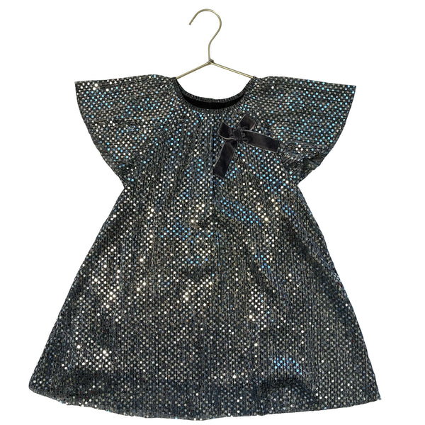 Next Silver Sequin Dress, Gray Velvet Bow - Size 3-4