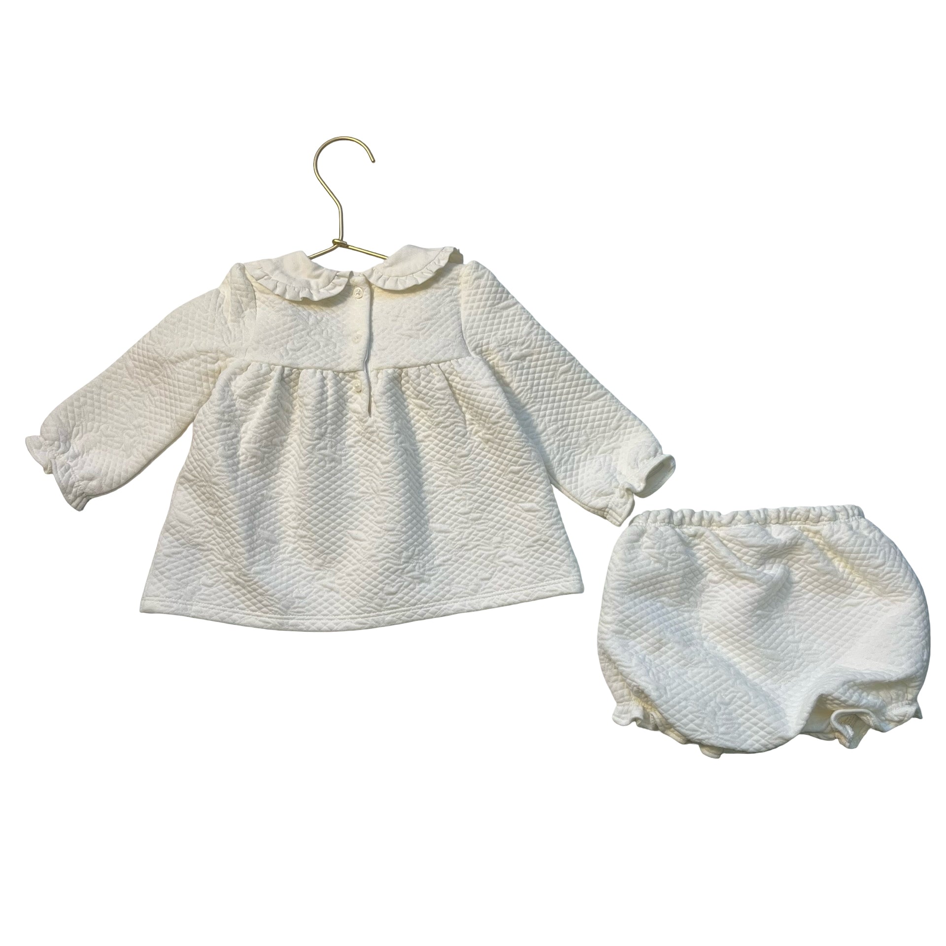Janie and Jack Ivory Quilted Dress w Black Velvet Bow & Bloomers - Size 6-12 Mo