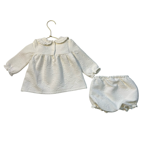 Janie and Jack Ivory Quilted Dress w Black Velvet Bow & Bloomers - Size 6-12 Mo