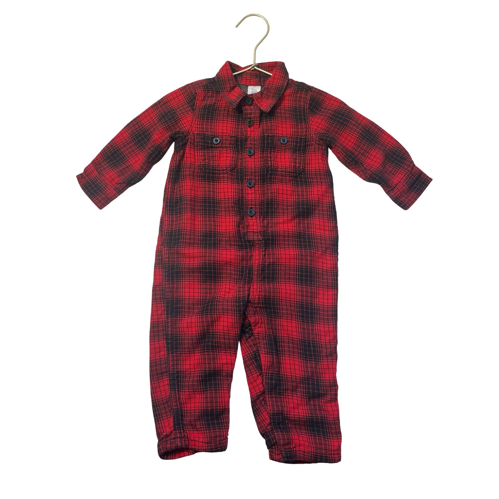 Baby Gap Jersey-Lined Red & Black Plaid Flannel Button Down One-Piece - 12-18 Mo