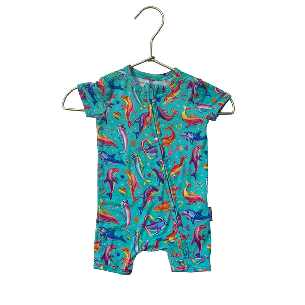 Posh Peanut x Lisa Frank Teal Dolphin Print One-Piece Romper PJ - Size 0-3 Mo