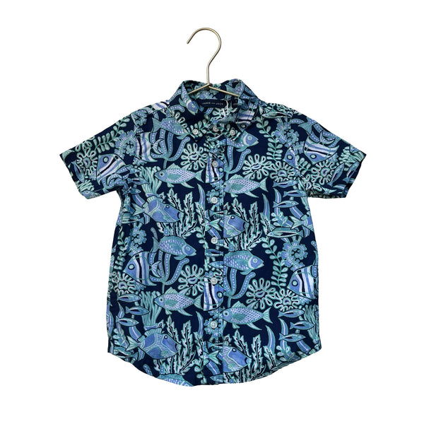Janie and Jack Navy, Blue, Green Fish Print Button Down Shirt - Size 4